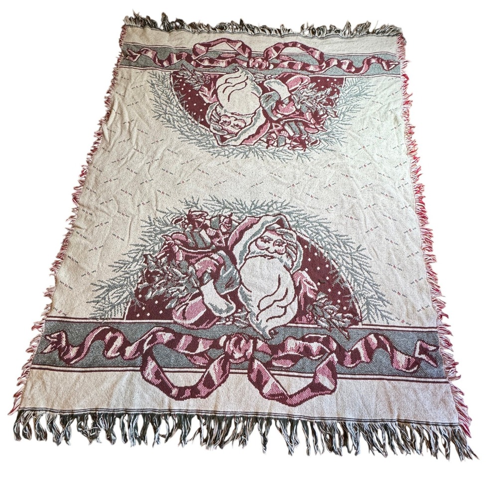 Vintage Christmas‎ Santa Claus Tapestry Throw Blanket Fringe 64x48 Red Green